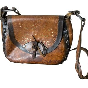 Vintage Brown Leather Hand Tooled Saddle Bag Crossbody Boho Embossed Braided